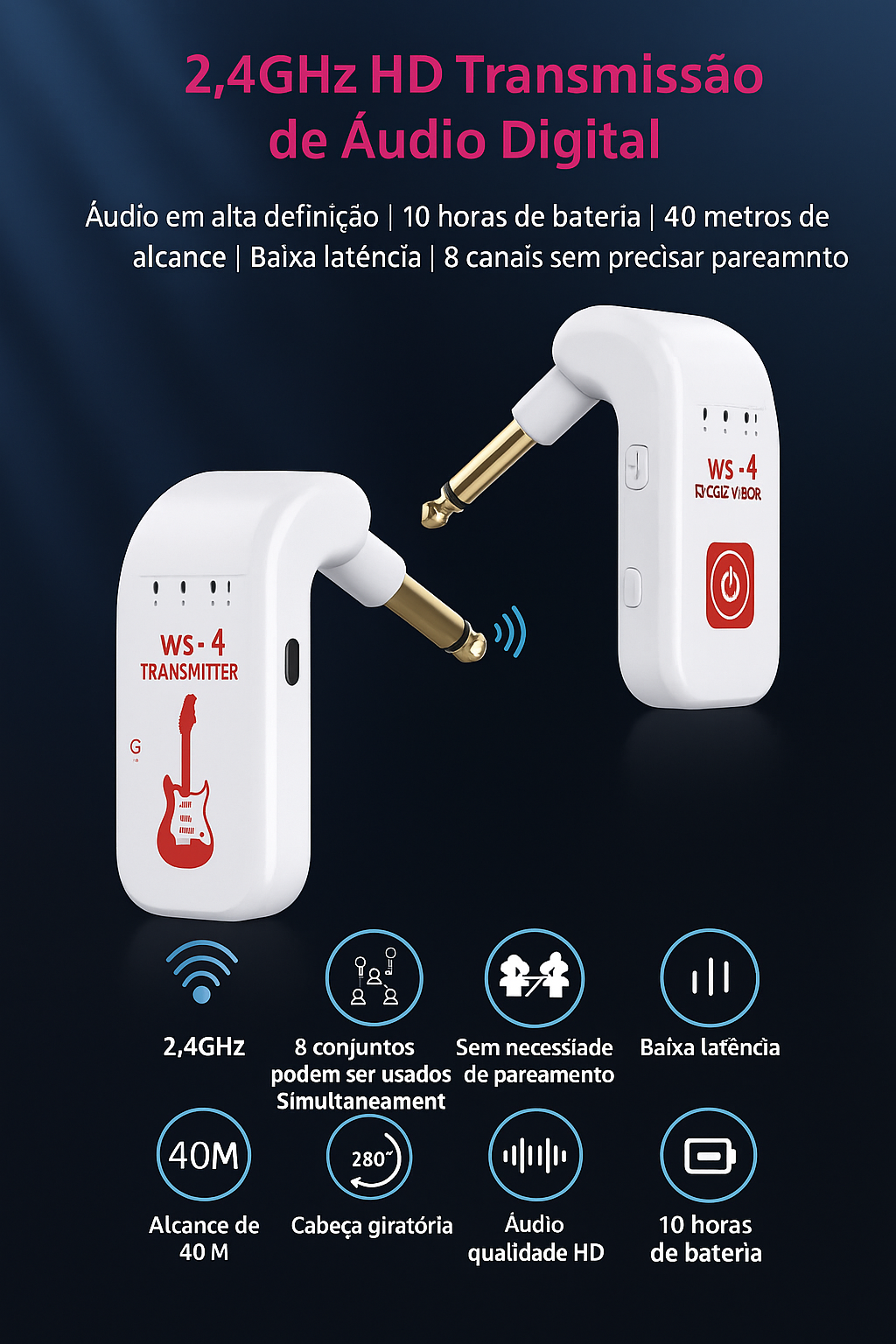 2.4g sistema de guitarra sem fio recarregável transmissor receptor plug play transmissão em tempo real para guitarra elétrica baixo Branco
