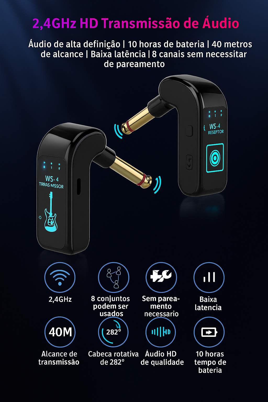 2.4g sistema de guitarra sem fio recarregável transmissor receptor plug play transmissão em tempo real para guitarra elétrica baixo Preto