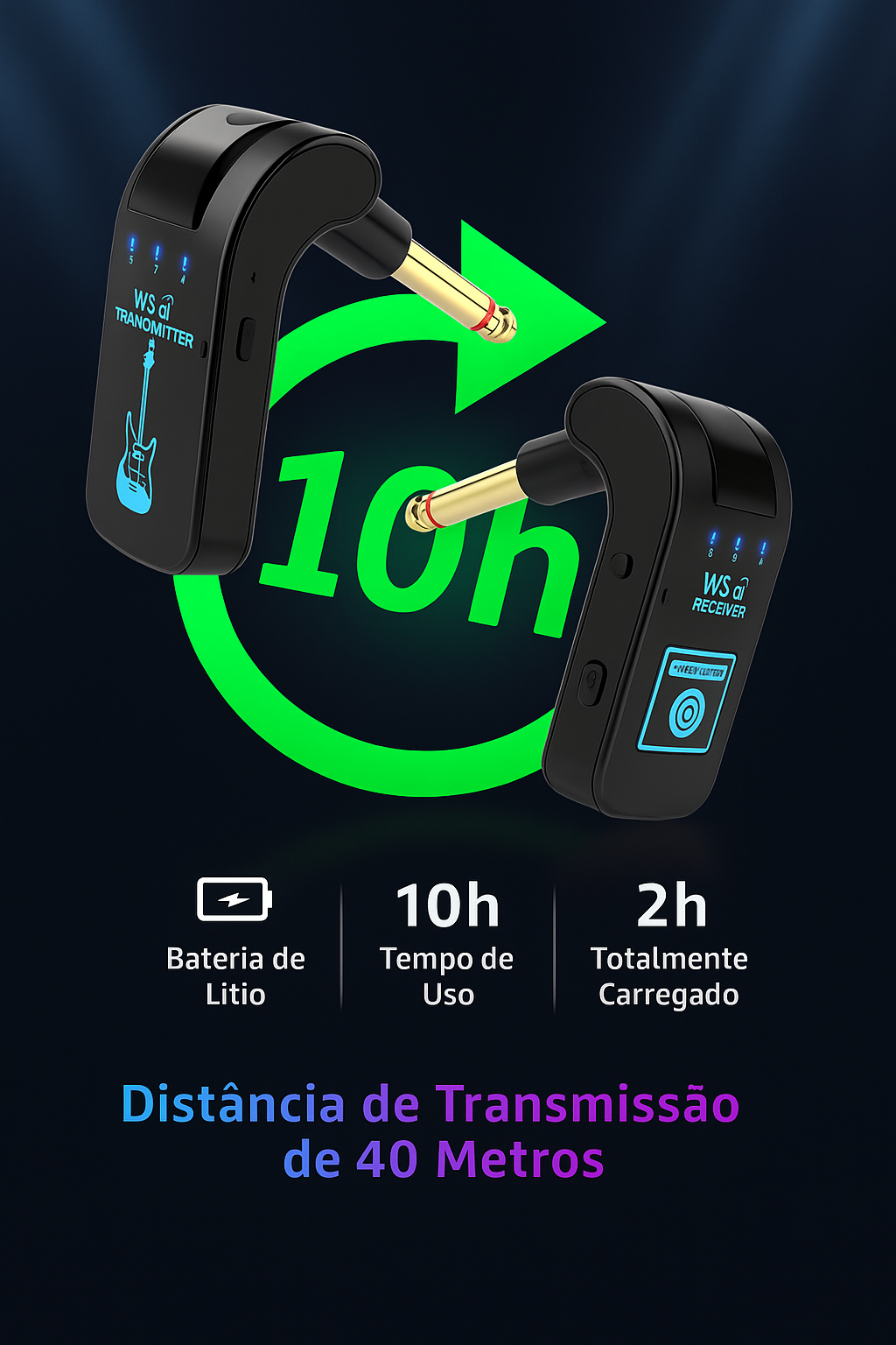 2.4g sistema de guitarra sem fio recarregável transmissor receptor plug play transmissão em tempo real para guitarra elétrica baixo Preto